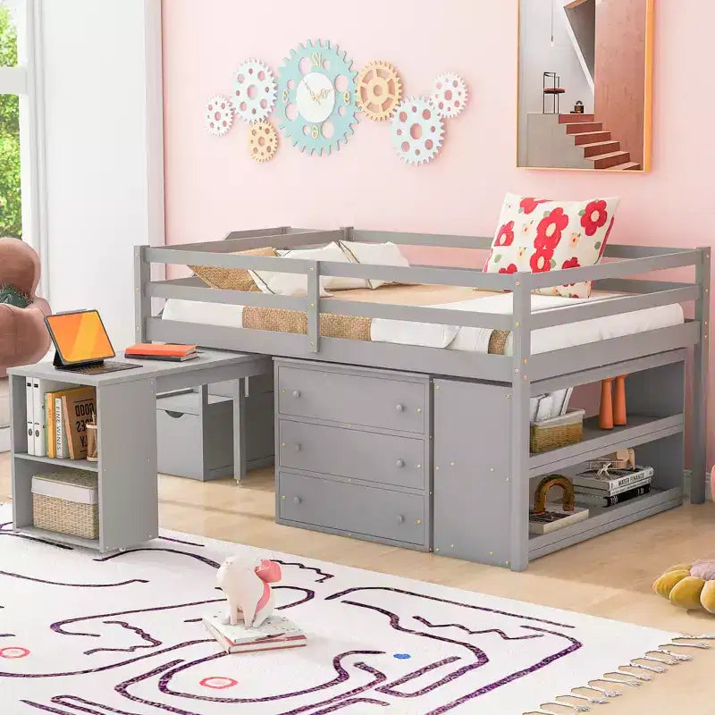 Full Size Loft Bed with Retractable Writing Desk and 3 Drawers, Wooden Loft Bed with Storage Stairs and Shelves