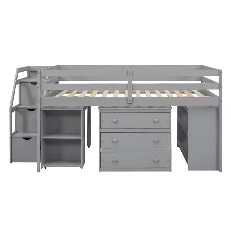 Full Size Loft Bed with Retractable Writing Desk and 3 Drawers, Wooden Loft Bed with Storage Stairs and Shelves