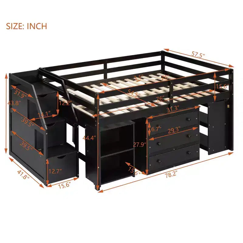 Full Size Loft Bed with Retractable Writing Desk and 3 Drawers, Wooden Loft Bed with Storage Stairs and Shelves
