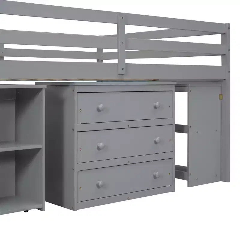 Full Size Loft Bed with Retractable Writing Desk and 3 Drawers, Wooden Loft Bed with Storage Stairs and Shelves