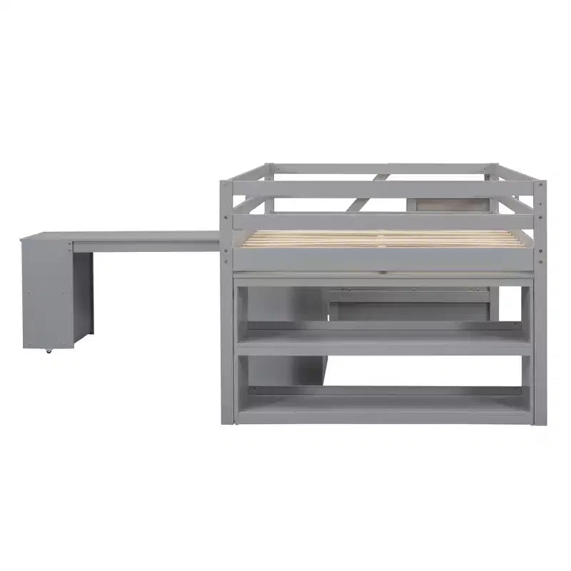 Full Size Loft Bed with Retractable Writing Desk and 3 Drawers, Wooden Loft Bed with Storage Stairs and Shelves