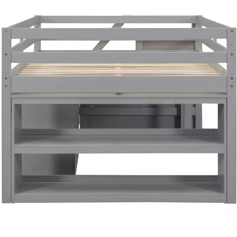 Full Size Loft Bed with Retractable Writing Desk and 3 Drawers, Wooden Loft Bed with Storage Stairs and Shelves