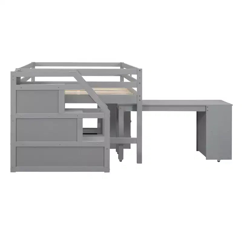 Full Size Loft Bed with Retractable Writing Desk and 3 Drawers, Wooden Loft Bed with Storage Stairs and Shelves