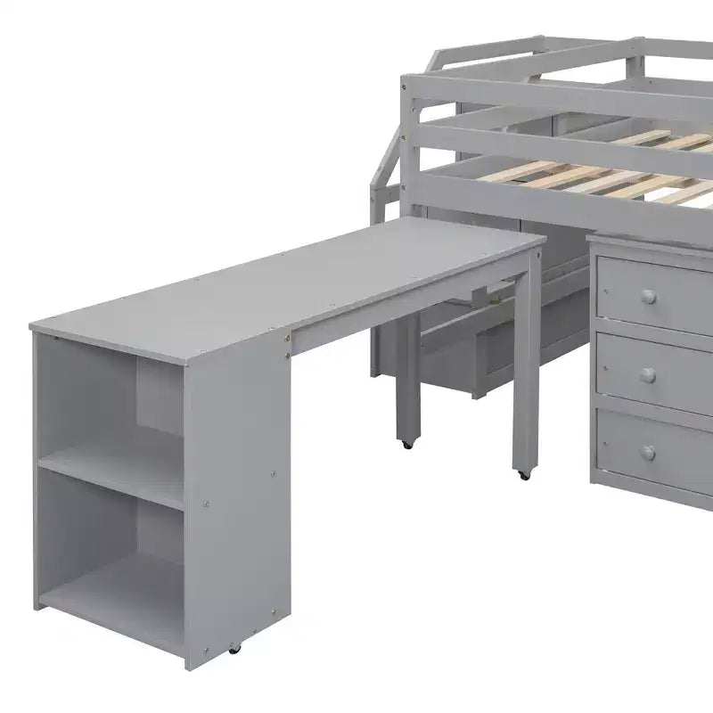 Full Size Loft Bed with Retractable Writing Desk and 3 Drawers, Wooden Loft Bed with Storage Stairs and Shelves