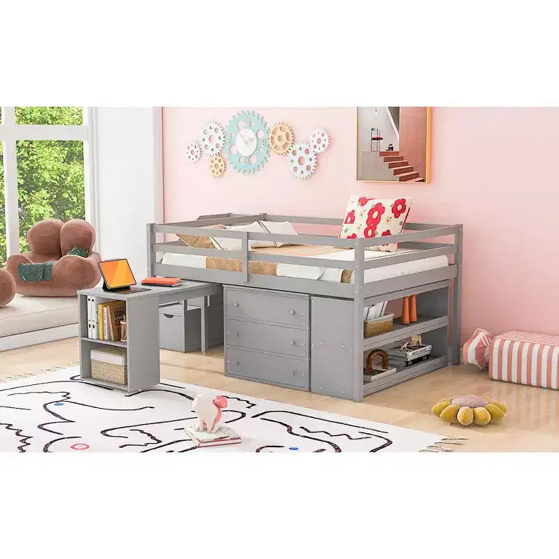 Full Size Loft Bed with Retractable Writing Desk and 3 Drawers, Wooden Loft Bed with Storage Stairs and Shelves