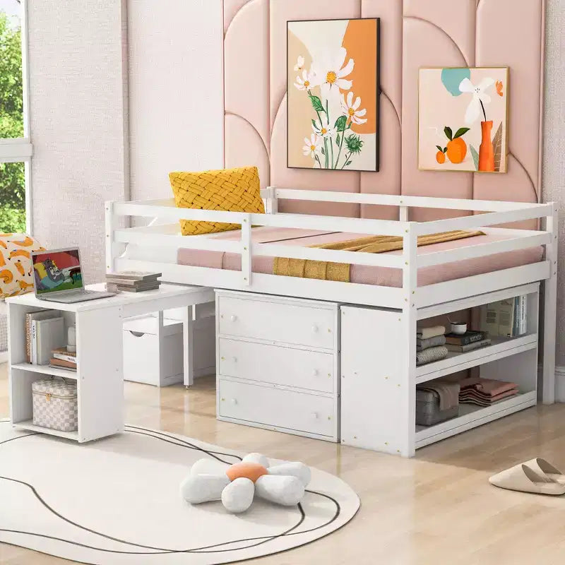 Full Size Loft Bed with Retractable Writing Desk and 3 Drawers, Wooden Loft Bed with Storage Stairs and Shelves