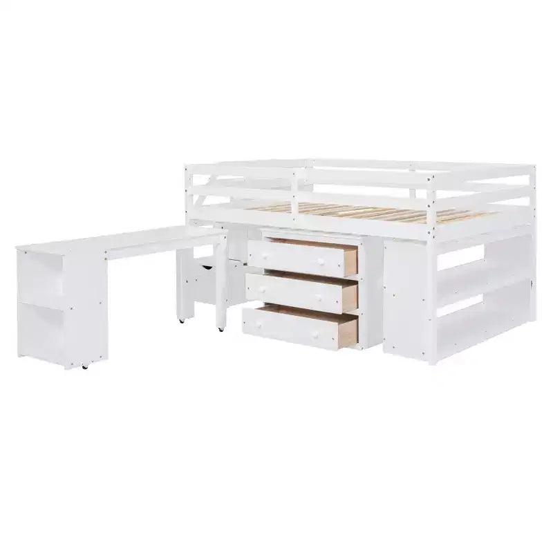 Full Size Loft Bed with Retractable Writing Desk and 3 Drawers, Wooden Loft Bed with Storage Stairs and Shelves