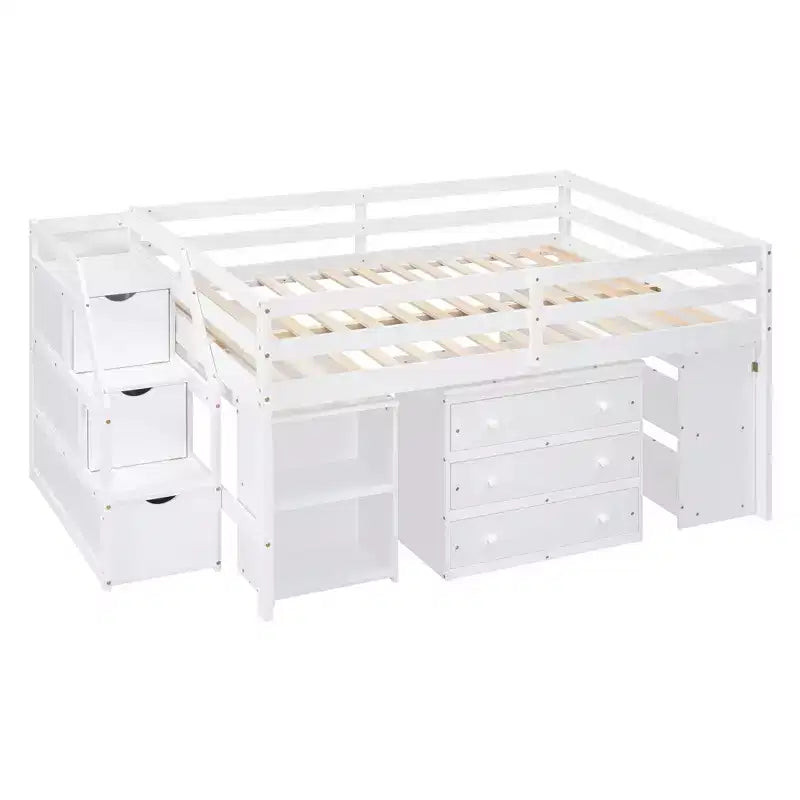 Full Size Loft Bed with Retractable Writing Desk and 3 Drawers, Wooden Loft Bed with Storage Stairs and Shelves