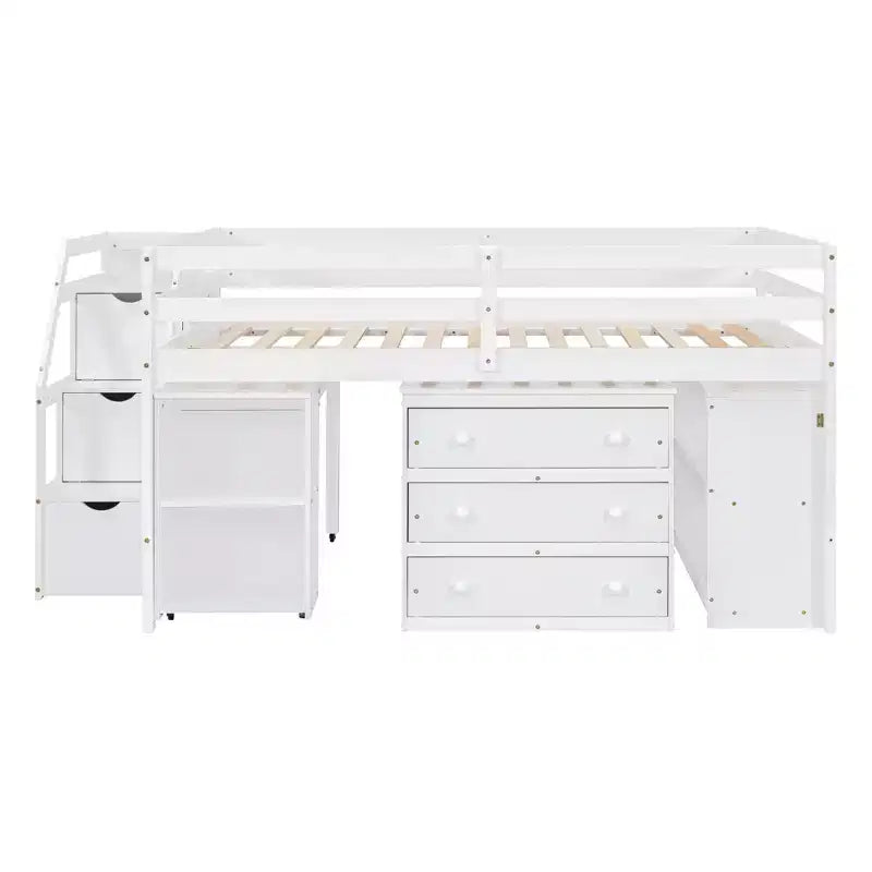 Full Size Loft Bed with Retractable Writing Desk and 3 Drawers, Wooden Loft Bed with Storage Stairs and Shelves