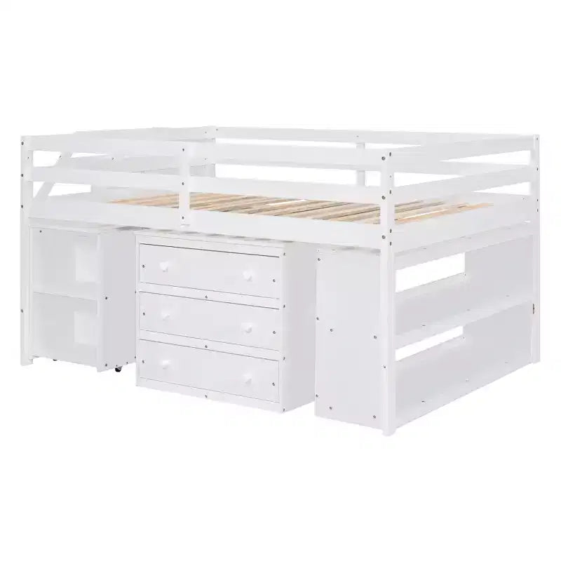 Full Size Loft Bed with Retractable Writing Desk and 3 Drawers, Wooden Loft Bed with Storage Stairs and Shelves