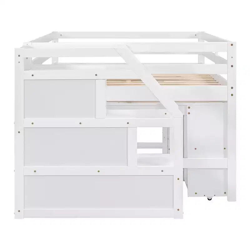 Full Size Loft Bed with Retractable Writing Desk and 3 Drawers, Wooden Loft Bed with Storage Stairs and Shelves
