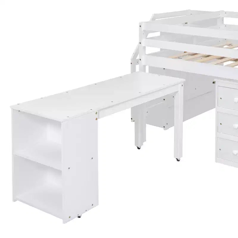 Full Size Loft Bed with Retractable Writing Desk and 3 Drawers, Wooden Loft Bed with Storage Stairs and Shelves