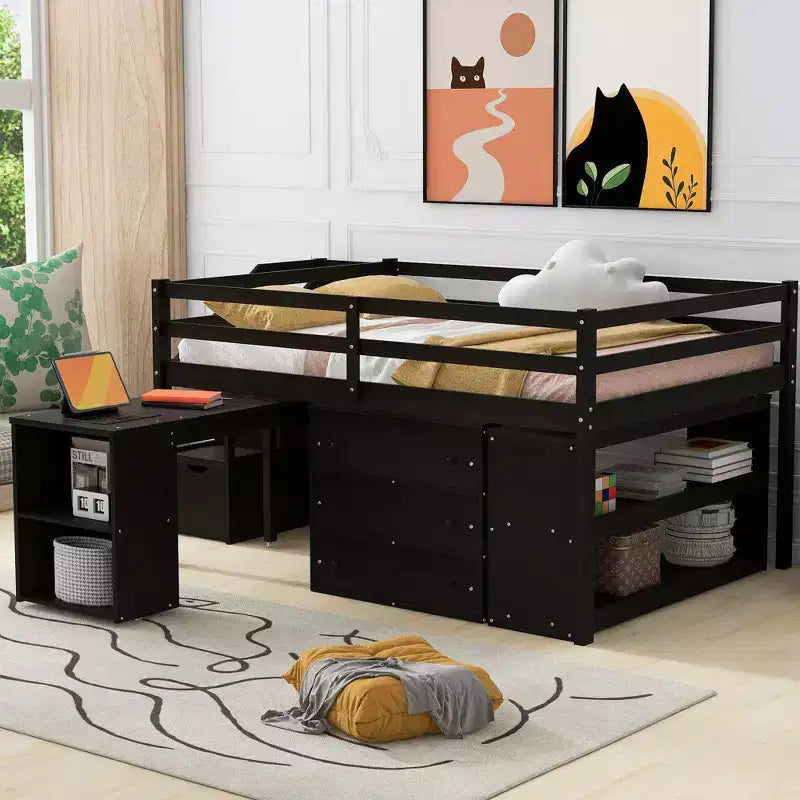 Full Size Loft Bed with Retractable Writing Desk and 3 Drawers, Wooden Loft Bed with Storage Stairs and Shelves