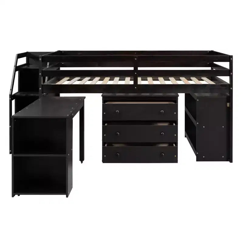 Full Size Loft Bed with Retractable Writing Desk and 3 Drawers, Wooden Loft Bed with Storage Stairs and Shelves