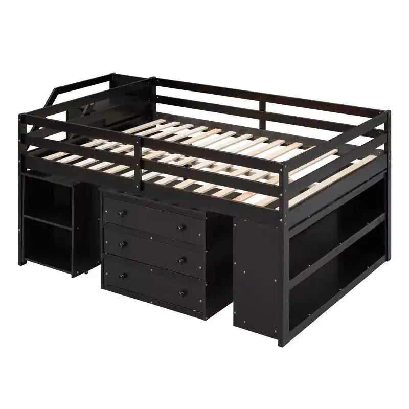 Full Size Loft Bed with Retractable Writing Desk and 3 Drawers, Wooden Loft Bed with Storage Stairs and Shelves