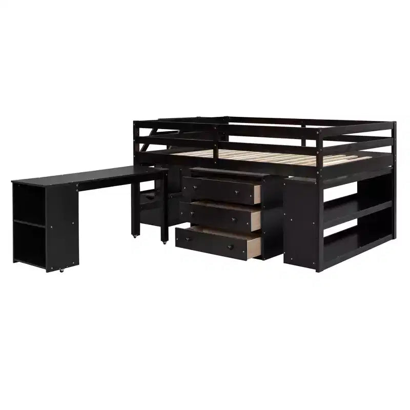 Full Size Loft Bed with Retractable Writing Desk and 3 Drawers, Wooden Loft Bed with Storage Stairs and Shelves
