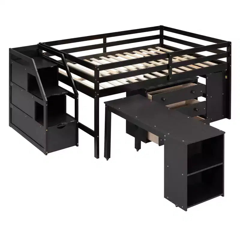 Full Size Loft Bed with Retractable Writing Desk and 3 Drawers, Wooden Loft Bed with Storage Stairs and Shelves