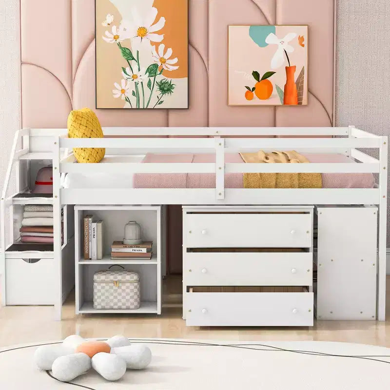 Full Size Loft Bed with Retractable Writing Desk and 3 Drawers, Wooden Loft Bed with Storage Stairs and Shelves