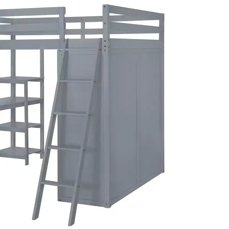 Full Size Loft Bed with Wardrobe and Desk for Kids, Wood High Full Loft Bed Frame with Storage Shelves