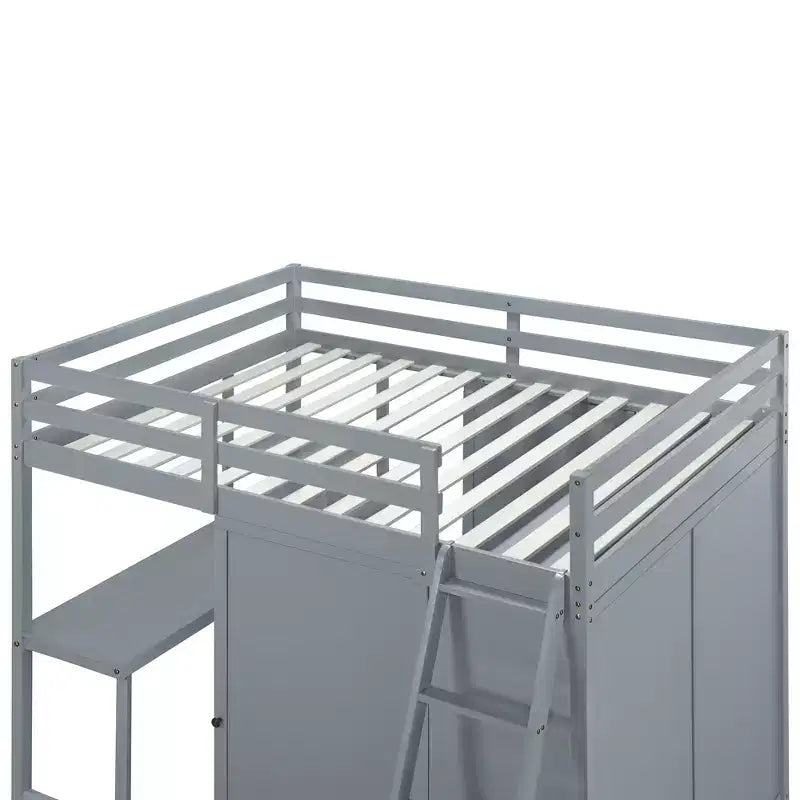 Full Size Loft Bed with Wardrobe and Desk for Kids, Wood High Full Loft Bed Frame with Storage Shelves