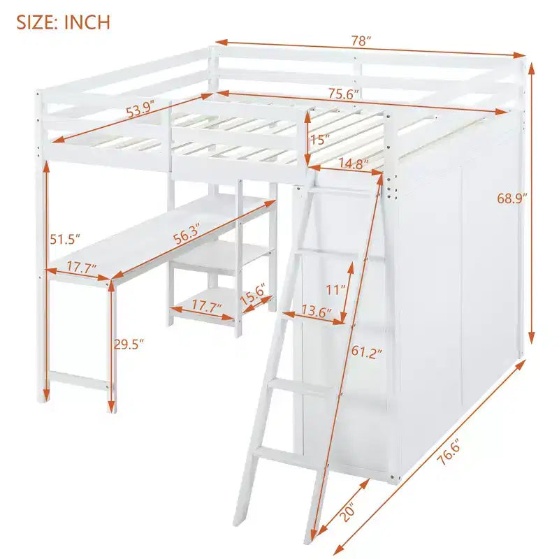 Full Size Loft Bed with Wardrobe and Desk for Kids, Wood High Full Loft Bed Frame with Storage Shelves