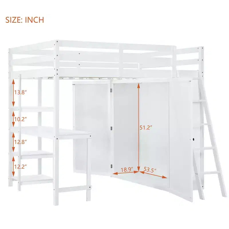 Full Size Loft Bed with Wardrobe and Desk for Kids, Wood High Full Loft Bed Frame with Storage Shelves