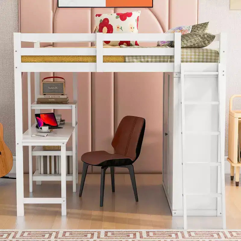Full Size Loft Bed with Wardrobe and Desk for Kids, Wood High Full Loft Bed Frame with Storage Shelves