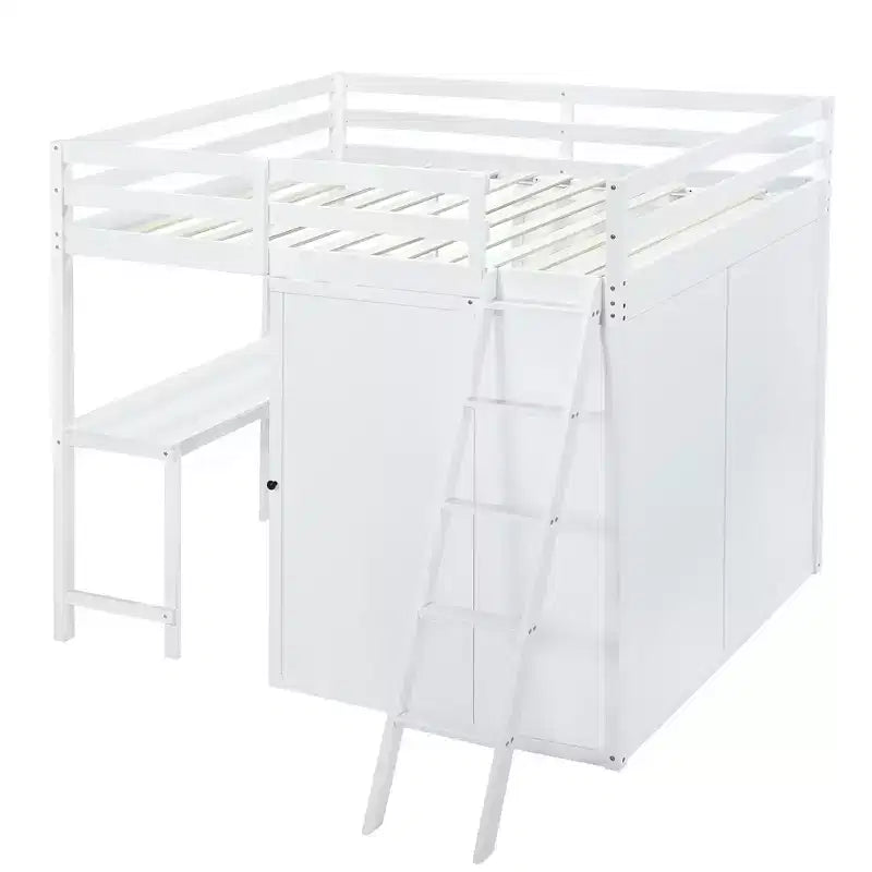 Full Size Loft Bed with Wardrobe and Desk for Kids, Wood High Full Loft Bed Frame with Storage Shelves