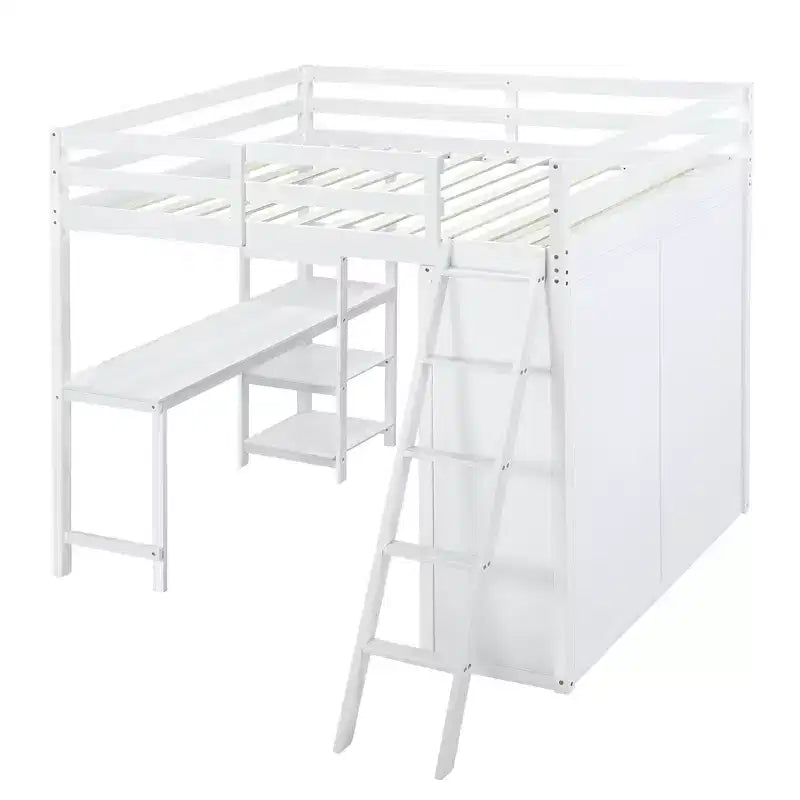 Full Size Loft Bed with Wardrobe and Desk for Kids, Wood High Full Loft Bed Frame with Storage Shelves