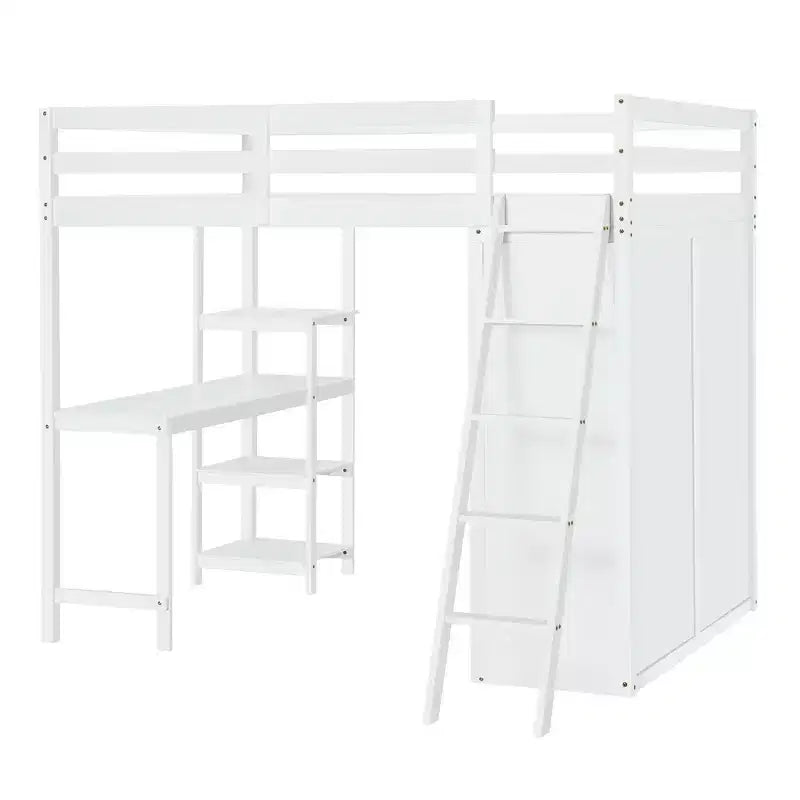 Full Size Loft Bed with Wardrobe and Desk for Kids, Wood High Full Loft Bed Frame with Storage Shelves