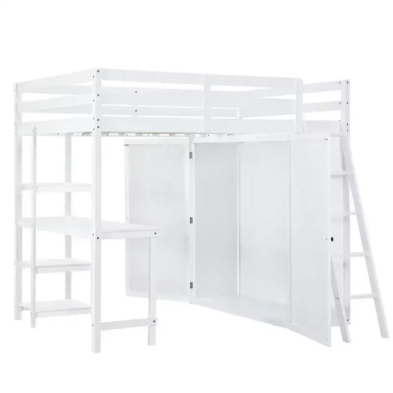 Full Size Loft Bed with Wardrobe and Desk for Kids, Wood High Full Loft Bed Frame with Storage Shelves