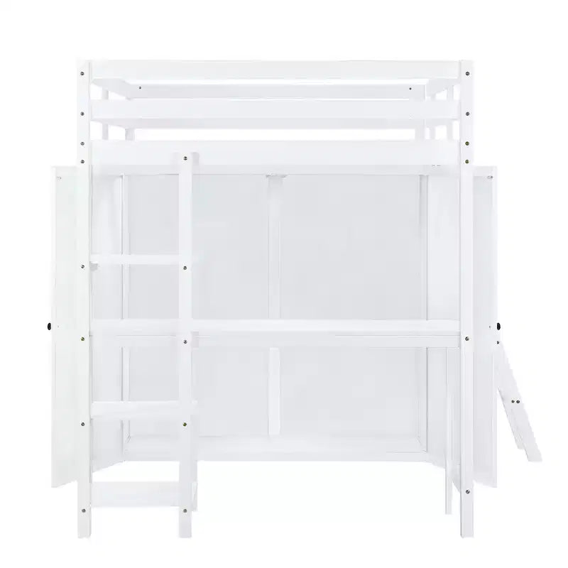 Full Size Loft Bed with Wardrobe and Desk for Kids, Wood High Full Loft Bed Frame with Storage Shelves