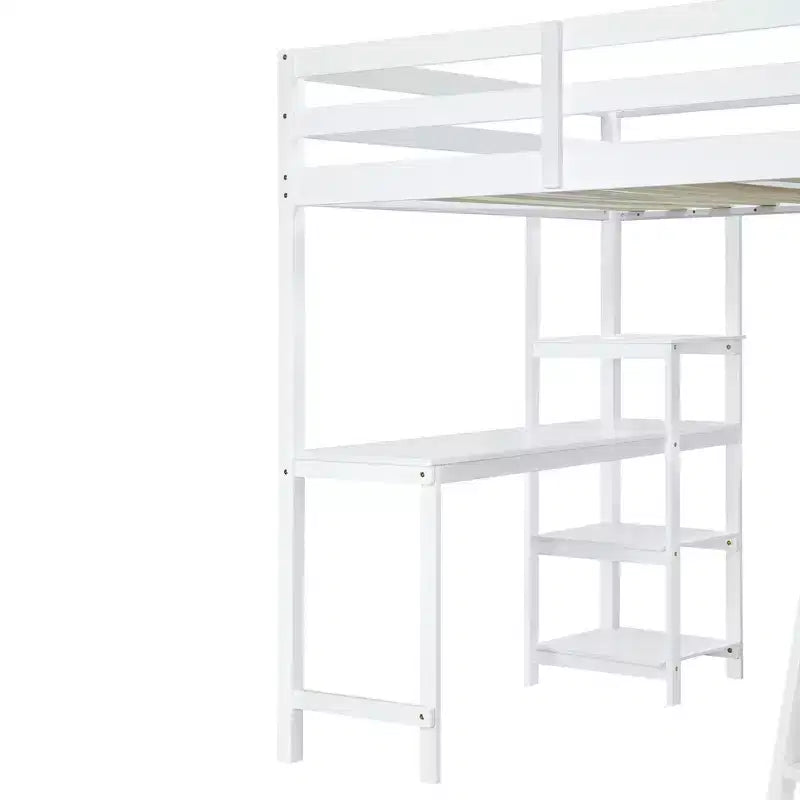 Full Size Loft Bed with Wardrobe and Desk for Kids, Wood High Full Loft Bed Frame with Storage Shelves
