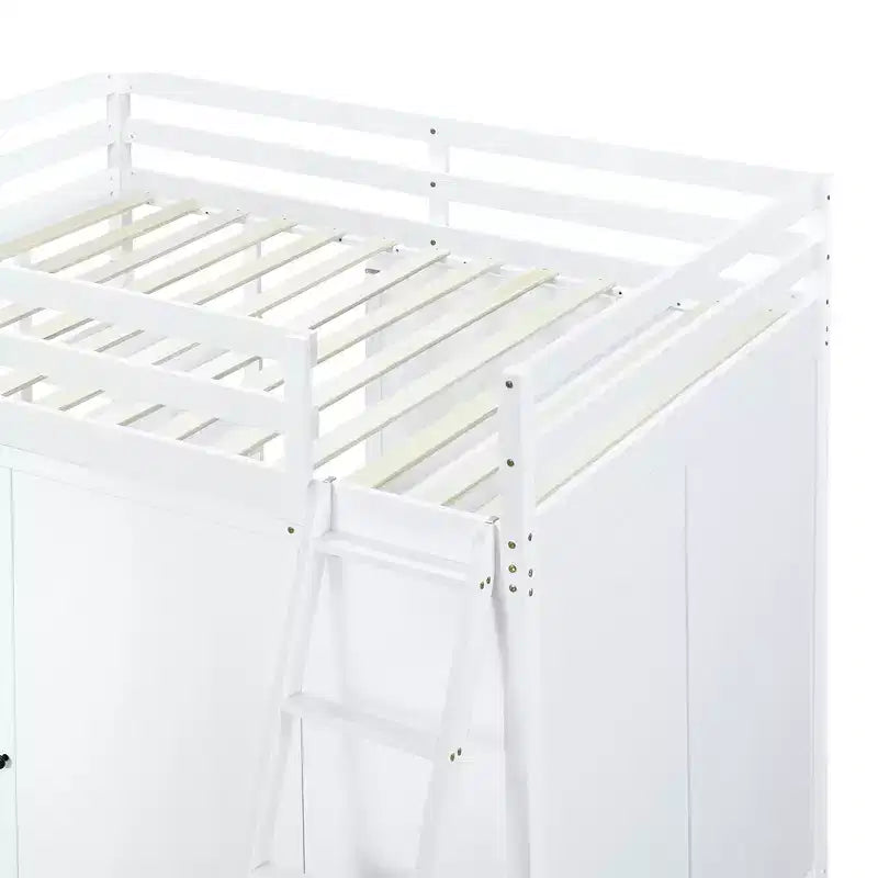 Full Size Loft Bed with Wardrobe and Desk for Kids, Wood High Full Loft Bed Frame with Storage Shelves