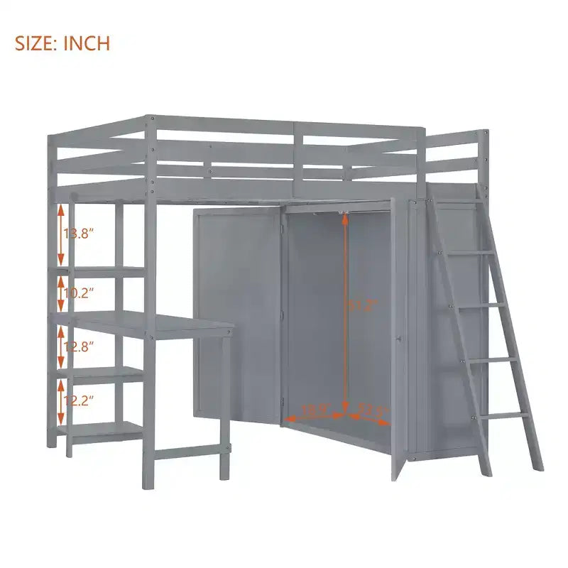 Full Size Loft Bed with Wardrobe and Desk for Kids, Wood High Full Loft Bed Frame with Storage Shelves