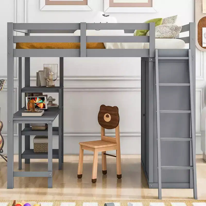 Full Size Loft Bed with Wardrobe and Desk for Kids, Wood High Full Loft Bed Frame with Storage Shelves