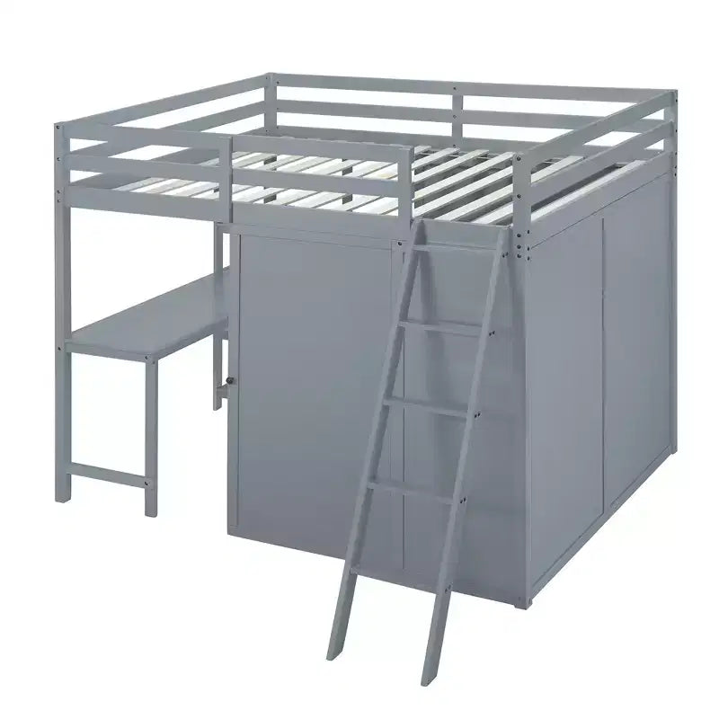 Full Size Loft Bed with Wardrobe and Desk for Kids, Wood High Full Loft Bed Frame with Storage Shelves