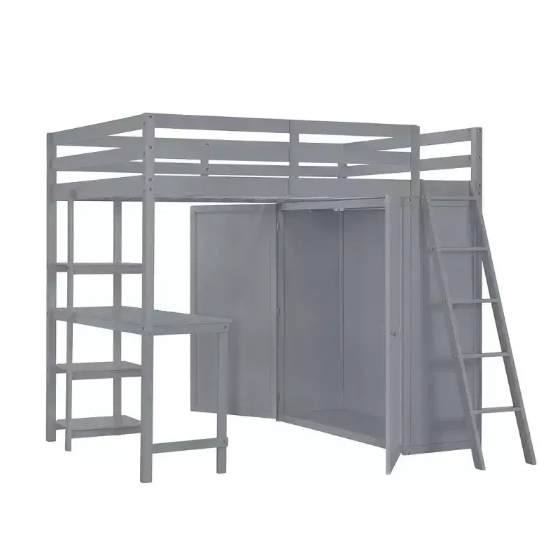 Full Size Loft Bed with Wardrobe and Desk for Kids, Wood High Full Loft Bed Frame with Storage Shelves