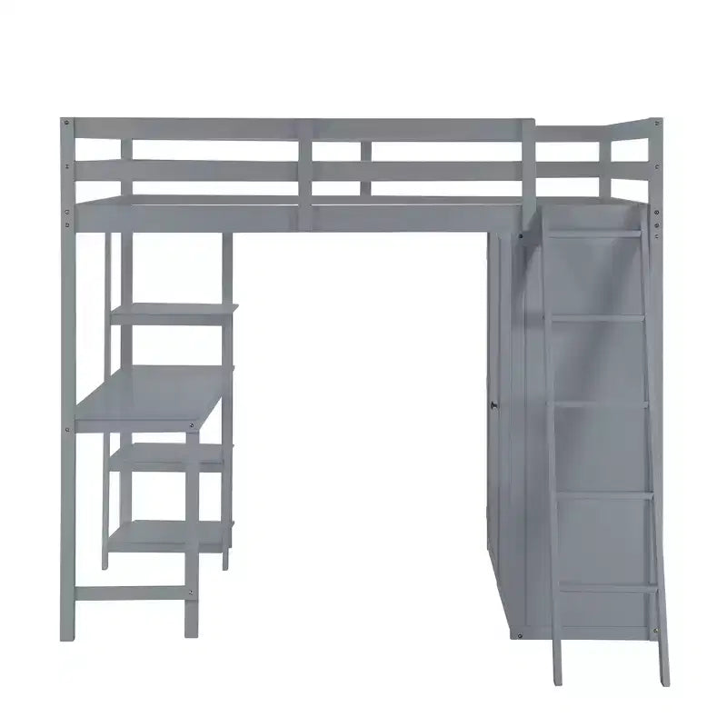 Full Size Loft Bed with Wardrobe and Desk for Kids, Wood High Full Loft Bed Frame with Storage Shelves