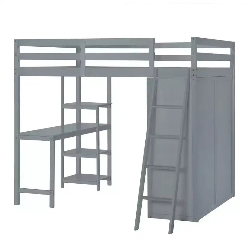 Full Size Loft Bed with Wardrobe and Desk for Kids, Wood High Full Loft Bed Frame with Storage Shelves