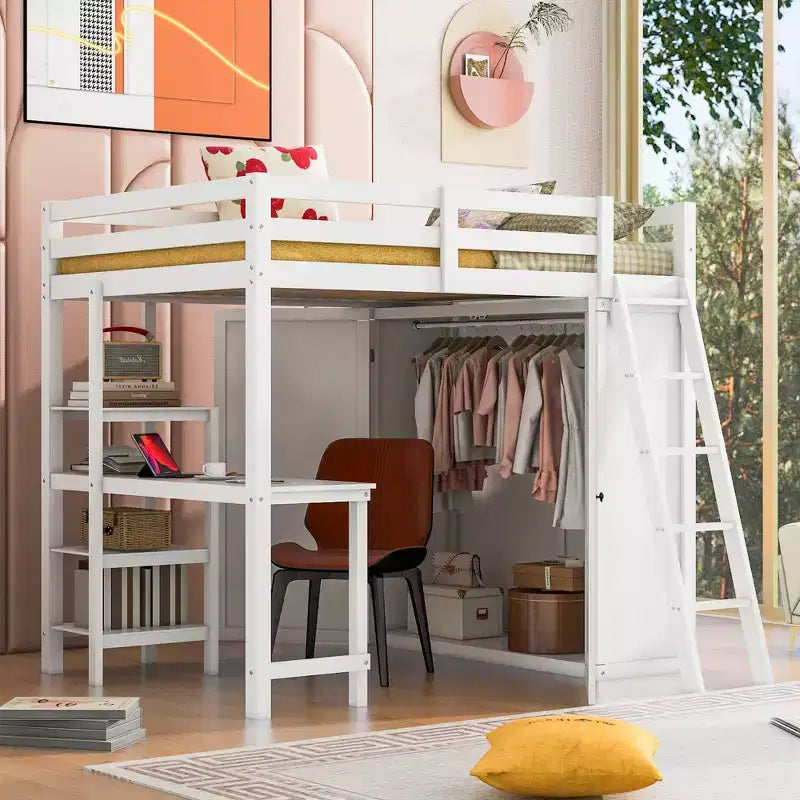 Full Size Loft Bed with Wardrobe and Desk for Kids, Wood High Full Loft Bed Frame with Storage Shelves