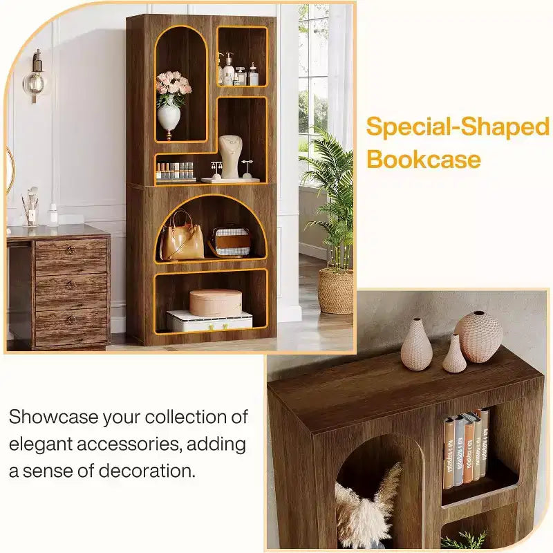 Lantine Modern 70.87 Geometric Bookshelf, Arched Bookcase with 5 Storage Shelves, Open Art Decor Display Shelf for Living Room, Bedroom
