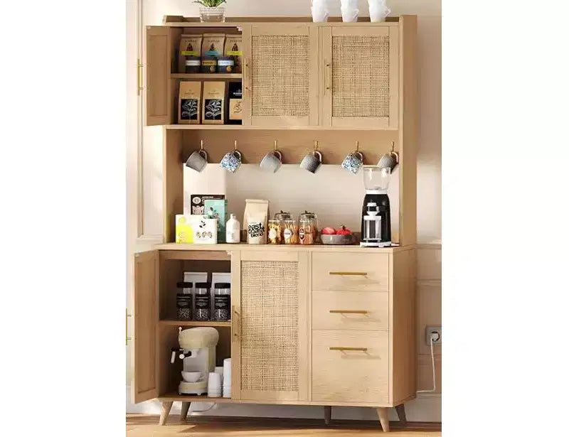 CuisinSmart 71'' Tall Rattan Coffee Bar Cabinet, Wood Kitchen Hutch Cabinet with 6 Hooks, 3 Drawers & 5 Doors, Rustic Pantry cabinet for Dining Room