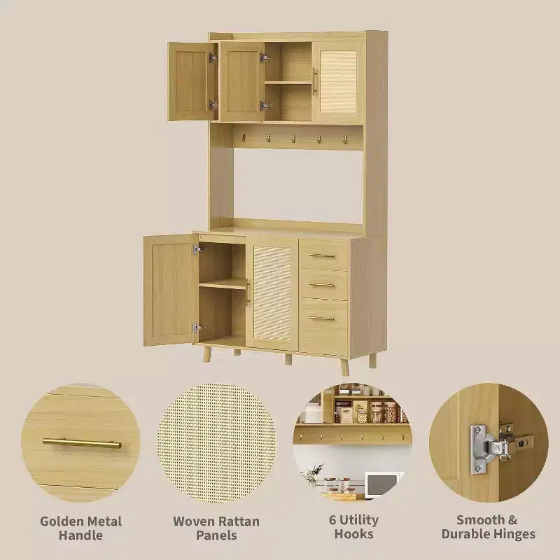 CuisinSmart 71'' Tall Rattan Coffee Bar Cabinet, Wood Kitchen Hutch Cabinet with 6 Hooks, 3 Drawers & 5 Doors, Rustic Pantry cabinet for Dining Room