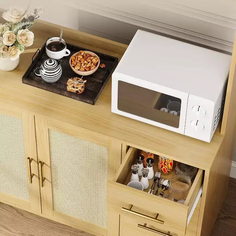 CuisinSmart 71'' Tall Rattan Coffee Bar Cabinet, Wood Kitchen Hutch Cabinet with 6 Hooks, 3 Drawers & 5 Doors, Rustic Pantry cabinet for Dining Room
