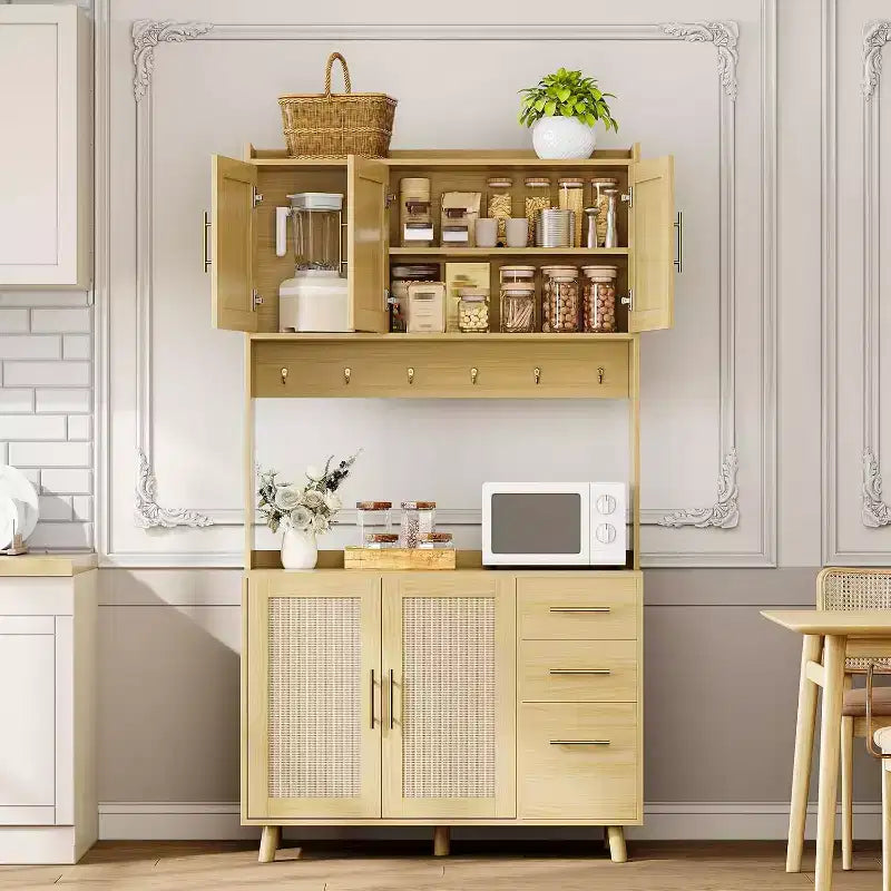 CuisinSmart 71'' Tall Rattan Coffee Bar Cabinet, Wood Kitchen Hutch Cabinet with 6 Hooks, 3 Drawers & 5 Doors, Rustic Pantry cabinet for Dining Room