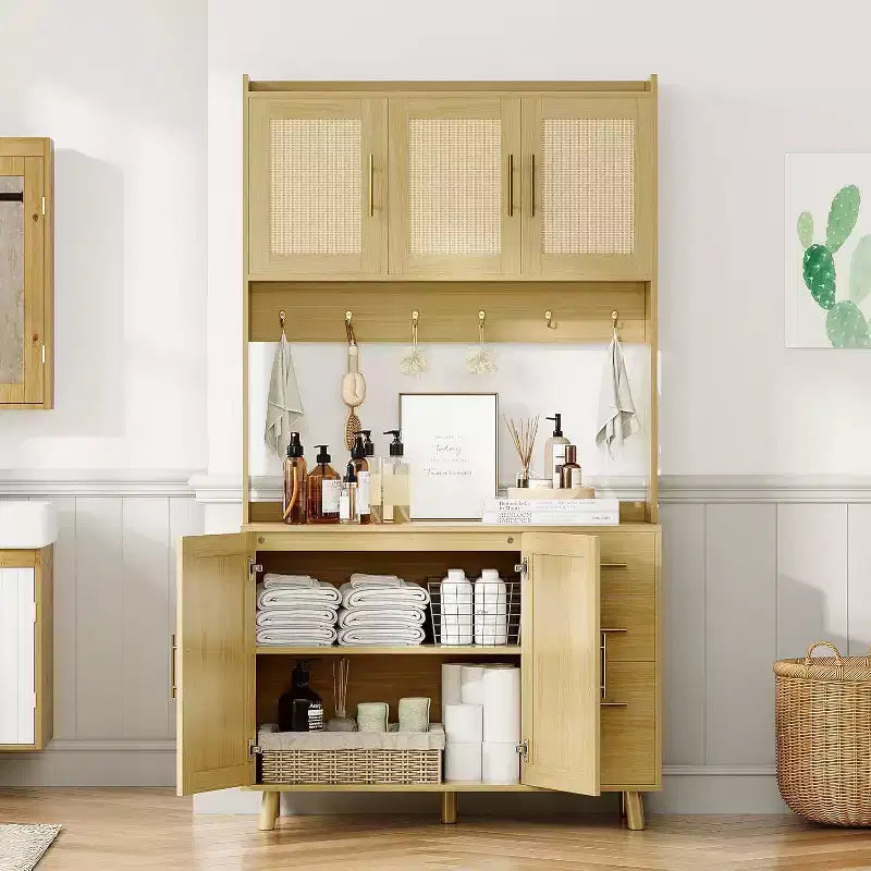CuisinSmart 71'' Tall Rattan Coffee Bar Cabinet, Wood Kitchen Hutch Cabinet with 6 Hooks, 3 Drawers & 5 Doors, Rustic Pantry cabinet for Dining Room