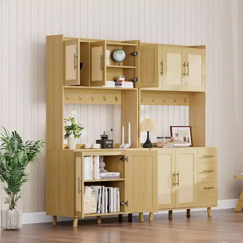 CuisinSmart 71'' Tall Rattan Coffee Bar Cabinet, Wood Kitchen Hutch Cabinet with 6 Hooks, 3 Drawers & 5 Doors, Rustic Pantry cabinet for Dining Room