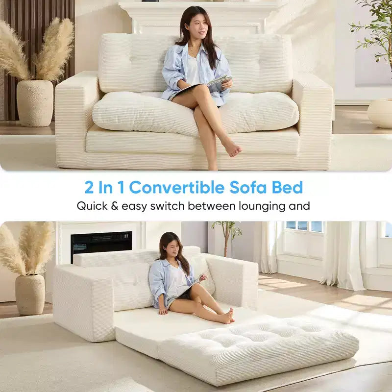 Mjkone 71'' 2-in-1 Convertible Futon Sofa Bed, Corded Fabric Foldable Tufted Buttons Loveseat Sleeper Sofa,Space-Saving