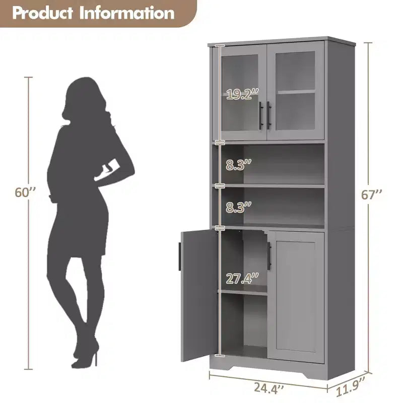Coolmee 67 inch Tall Storage Cabinet, Bathroom Cabinet with 4 Doors and Adjustable Shelves, Kitchen Pantry Cabinets, Cupboard for Living Dining